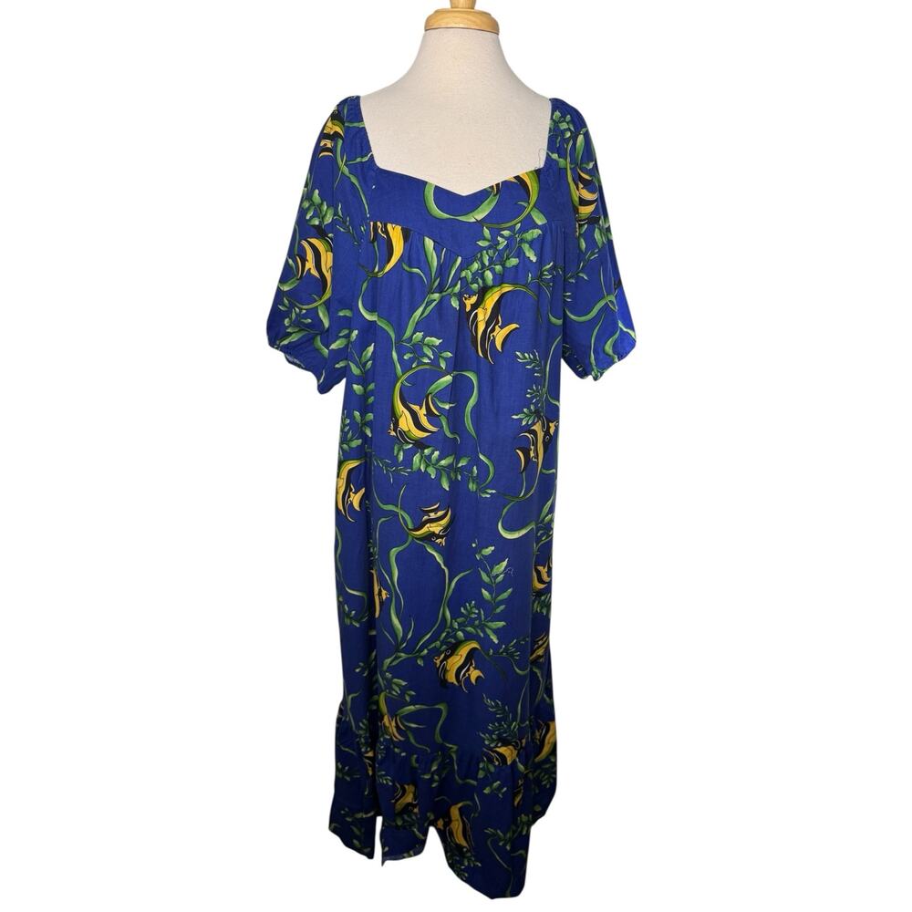 Vintage HILO HATTIE Blue Tropical Fish Underwater Cotton Maxi Dress Size XL Mumu